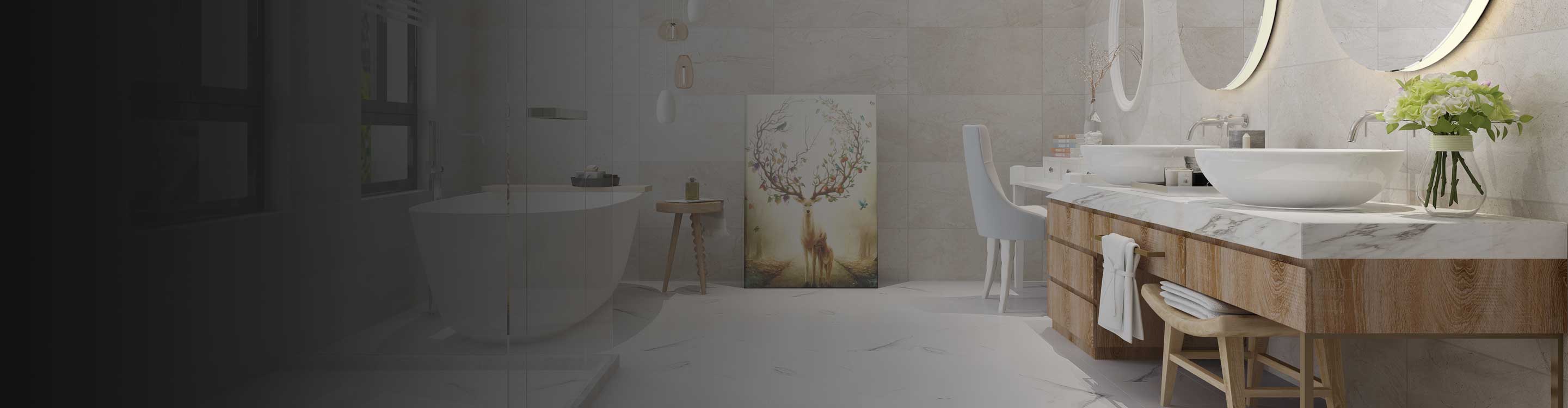 marble waterproof flooring in bathroom with white bathub