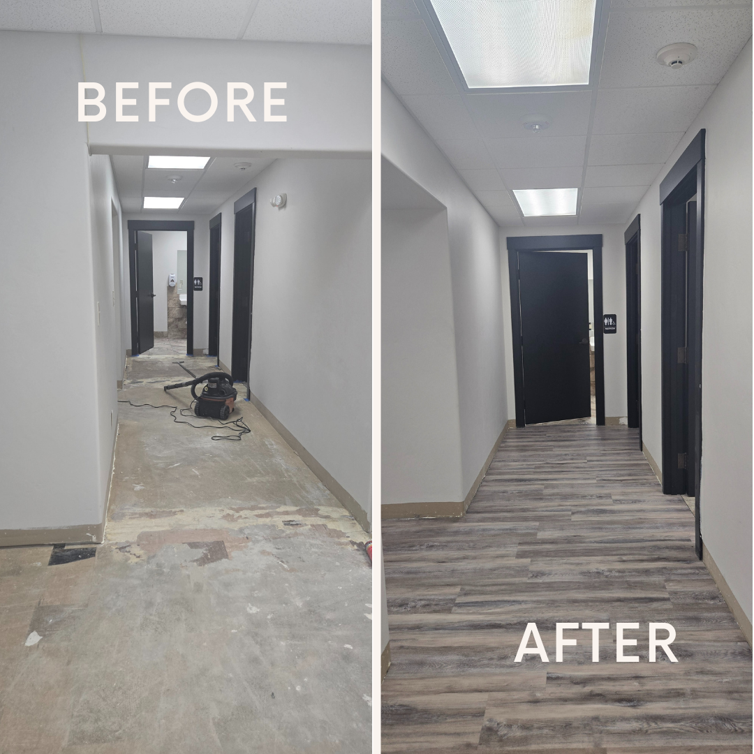 Office building with hardwood hallway floor installation 